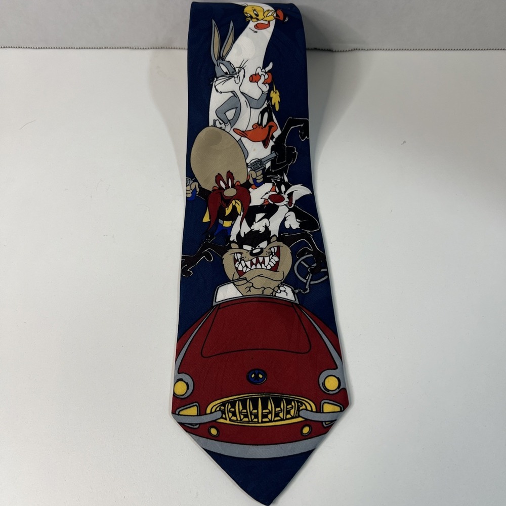 Vintage 1993 Warner Bros Looney Tunes Men's Tie Blue Red Characters USA Made